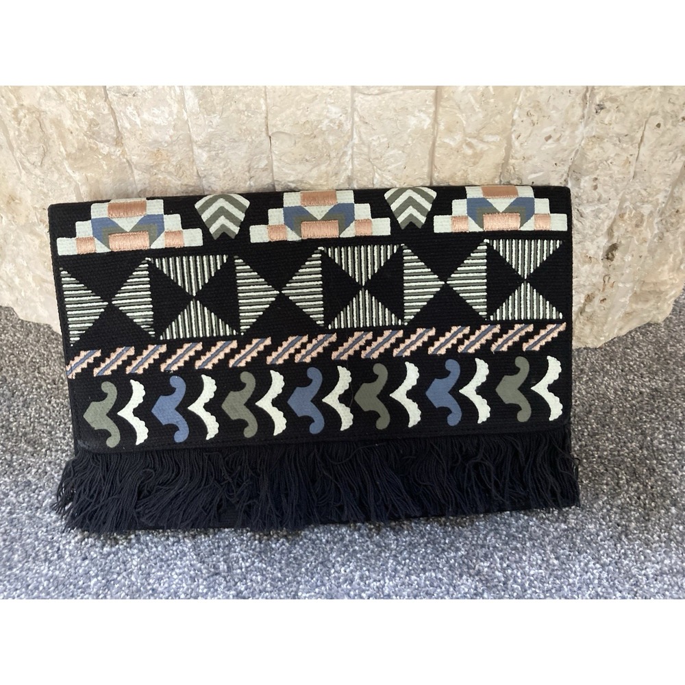 Stella and Dot Taj Clutch Envelope Purse Black Fabric Fringe Embroidered Tribal